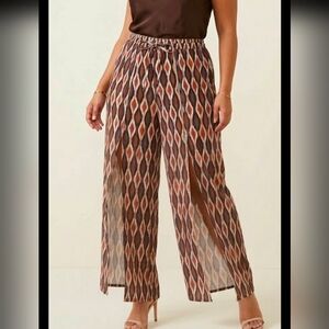 Anthropologie High Slit Wide Leg Pants XL Brown Geometric Ikat Resort Wear boho